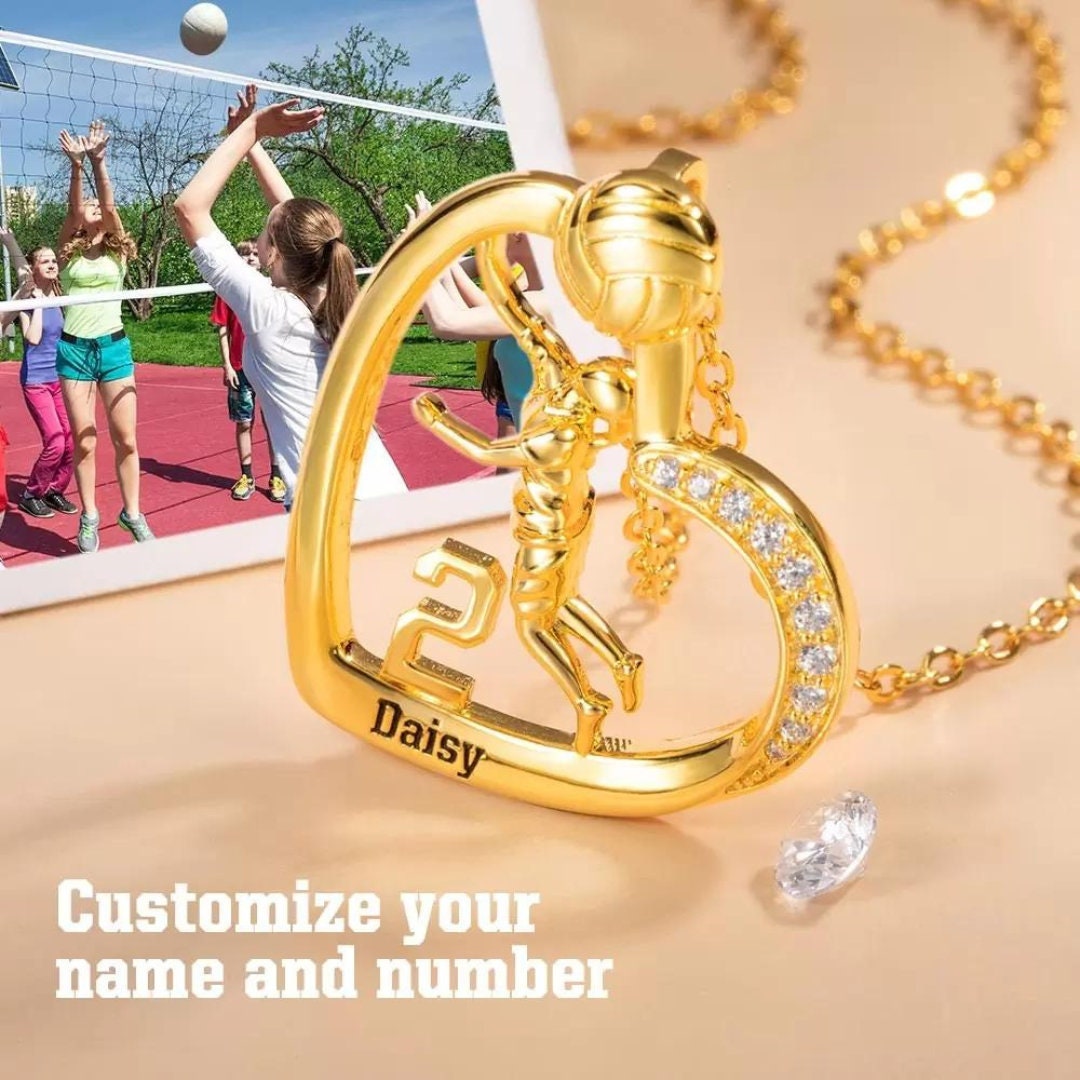 Personalized Volleyball Heart Necklace, with Number + Name