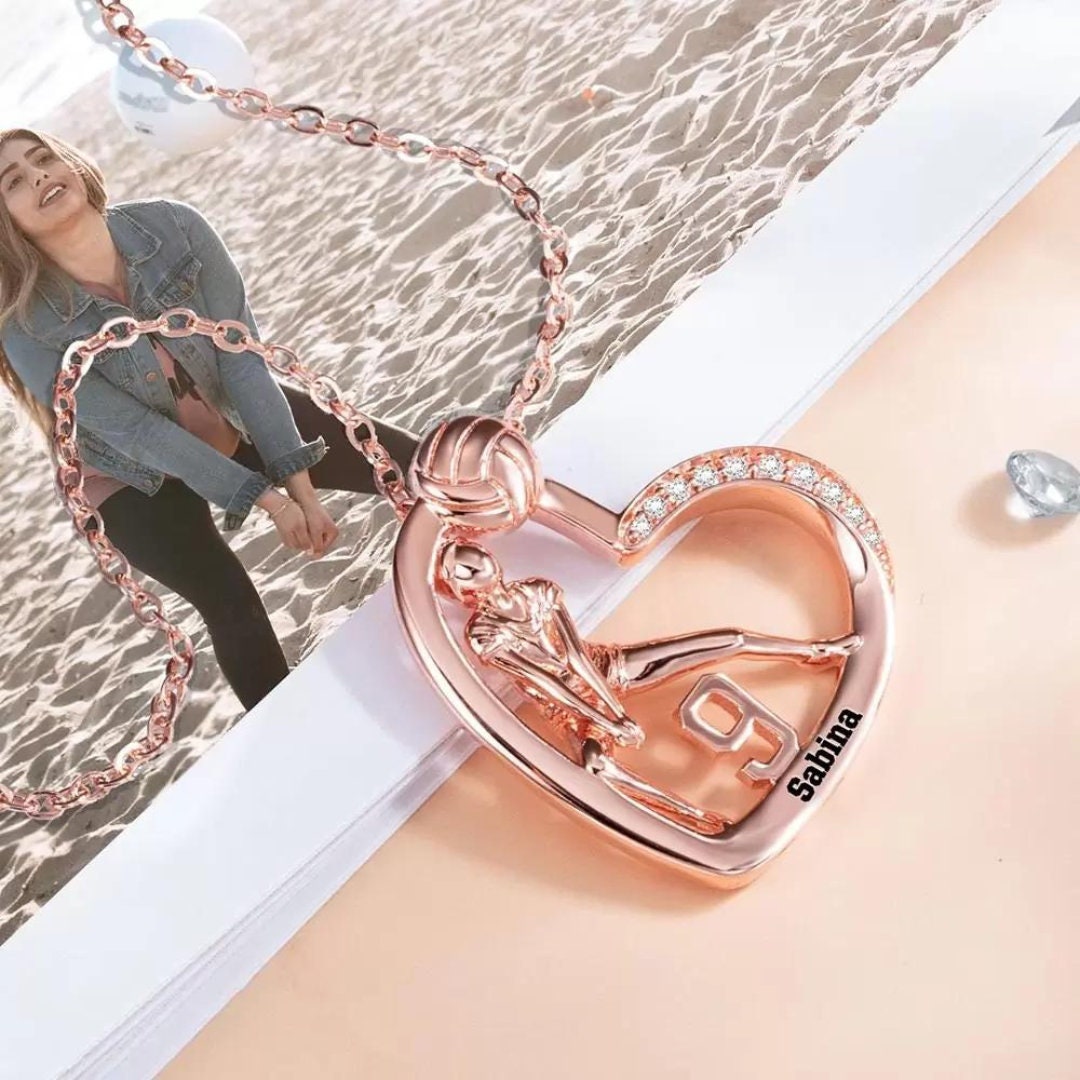 Personalized Volleyball Heart Necklace, with Number + Name