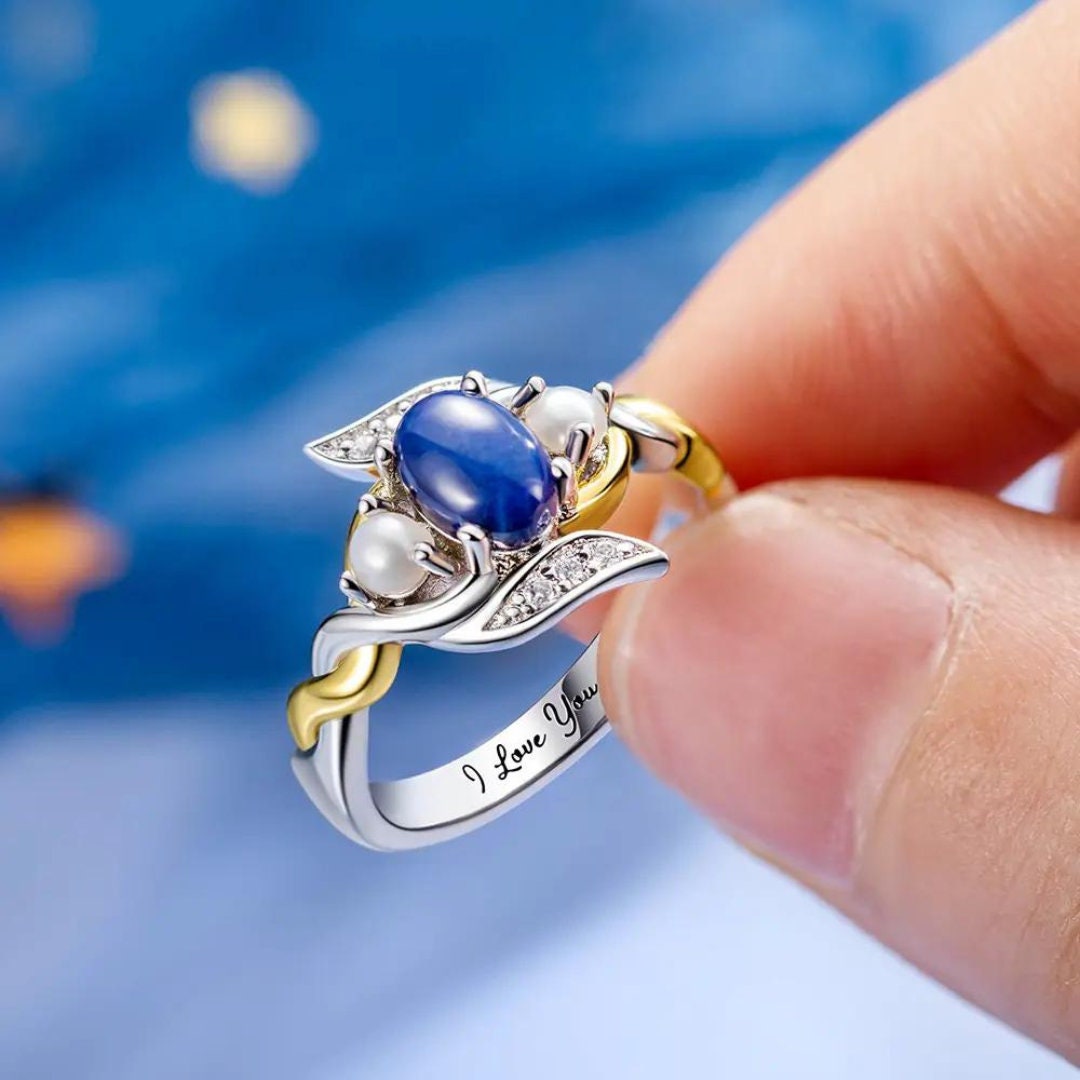 Royal Blue Stone and Pearl Ring with Custom Engraving, Book Inspired Ring
