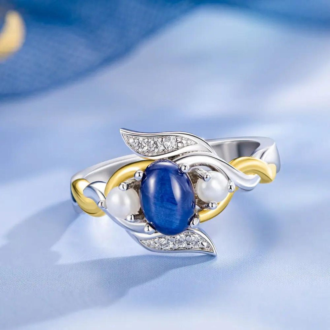 Royal Blue Stone and Pearl Ring with Custom Engraving, Book Inspired Ring