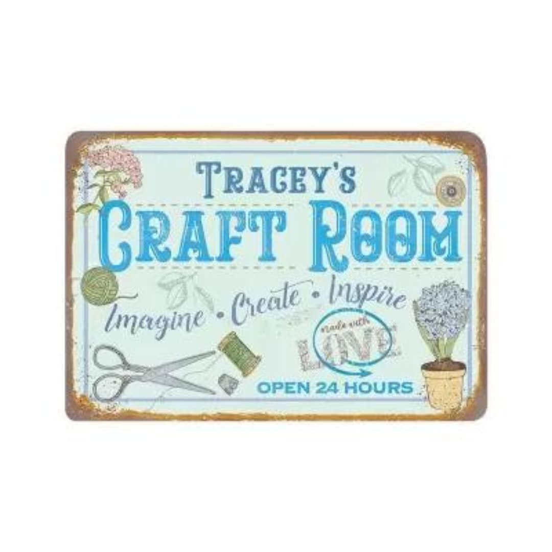 Vintage Style Craft Room Metal Sign with Custom Name