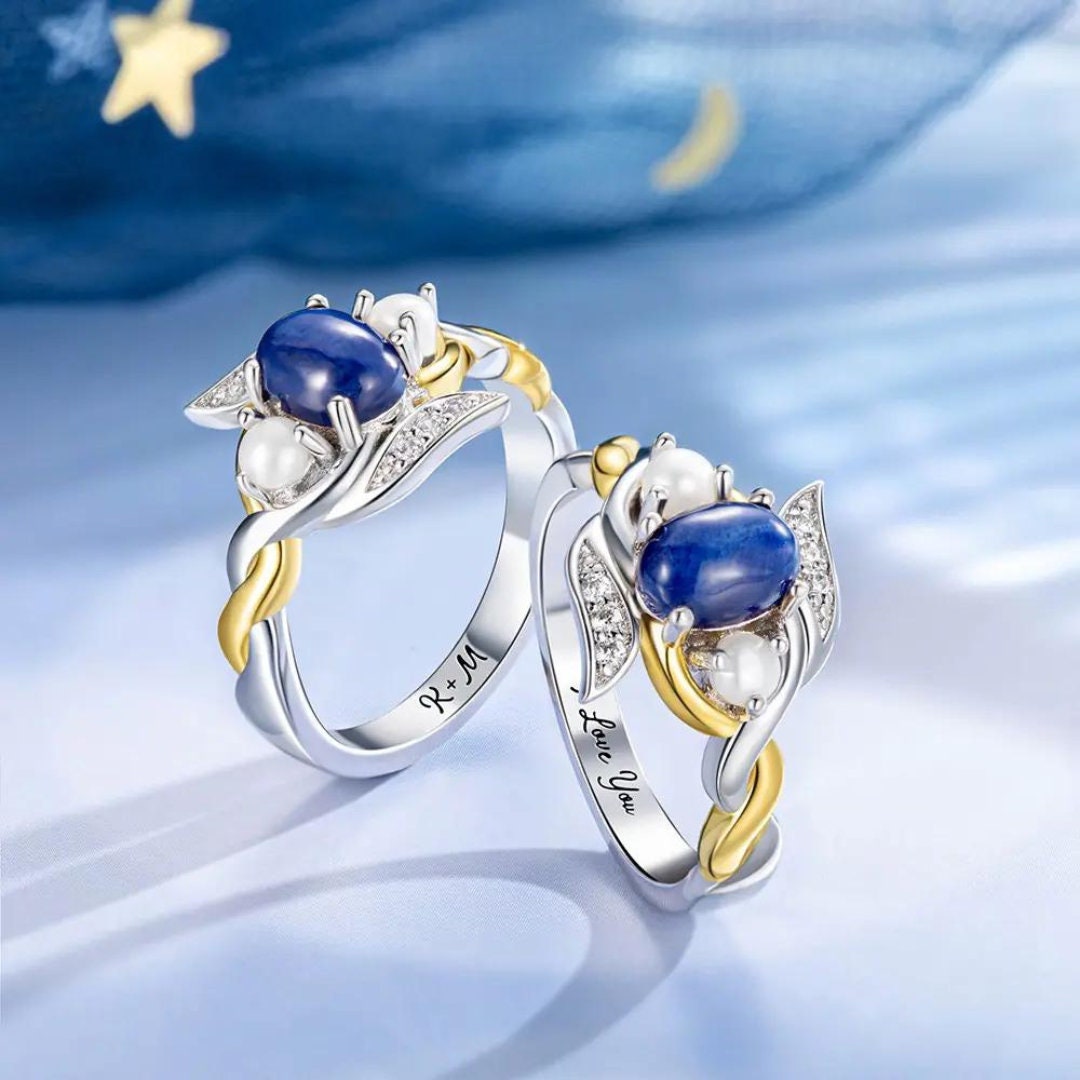 Royal Blue Stone and Pearl Ring with Custom Engraving, Book Inspired Ring