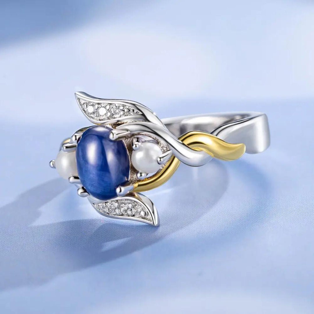 Royal Blue Stone and Pearl Ring with Custom Engraving, Book Inspired Ring