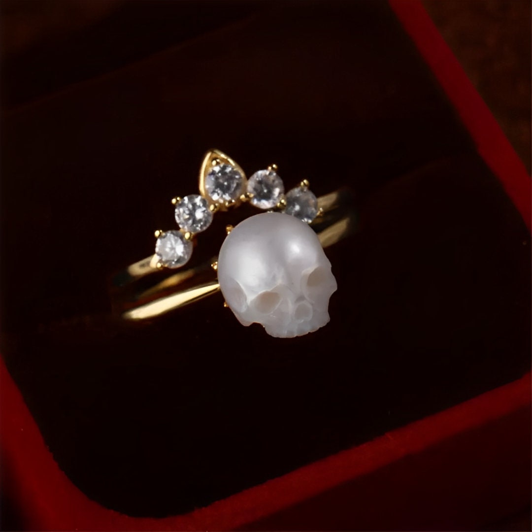 Skull Pearl Ring With Matching Crystal Crown Ring, Set of 2 Stackable Rings in Silver 925