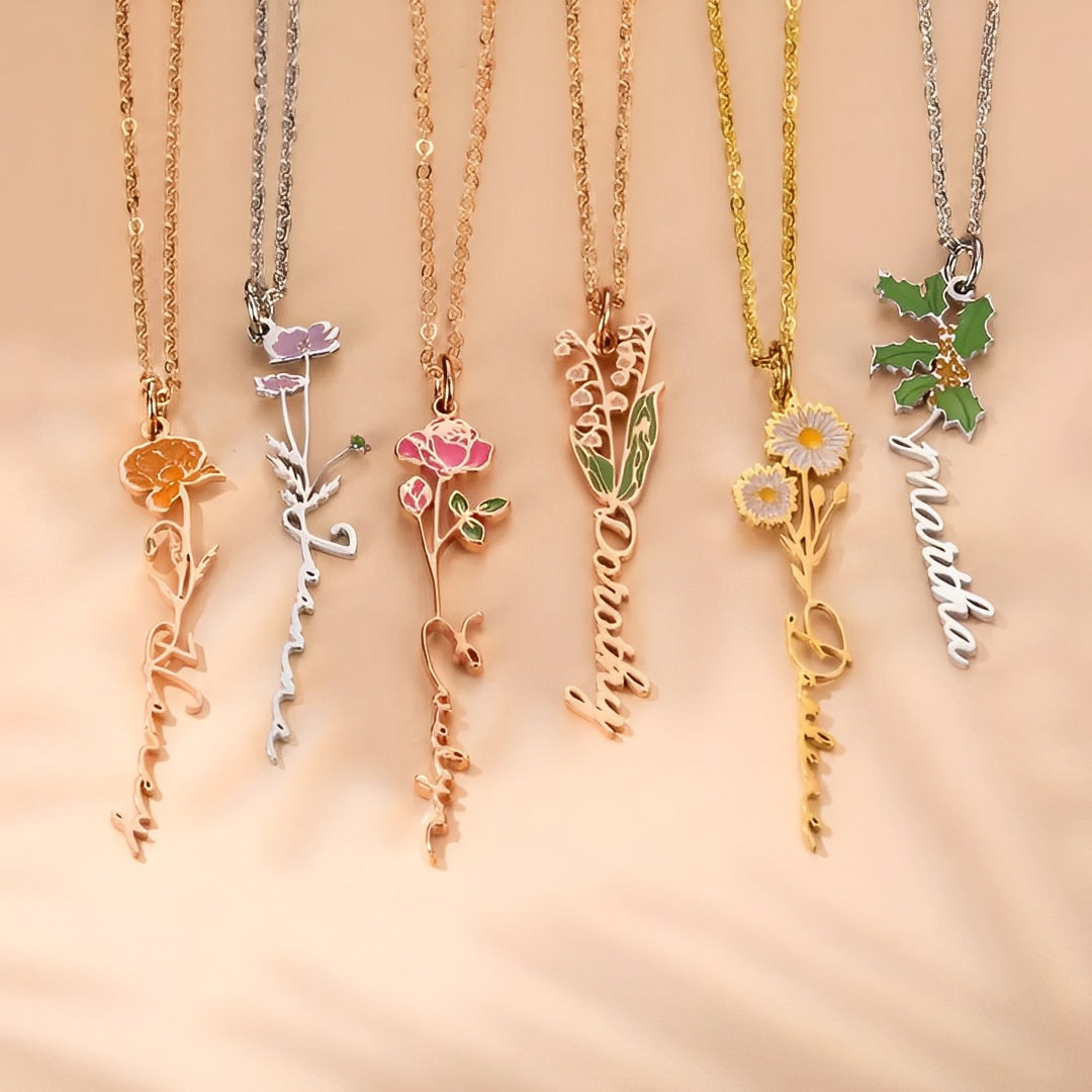 Personalized Birth Flower Name Necklace