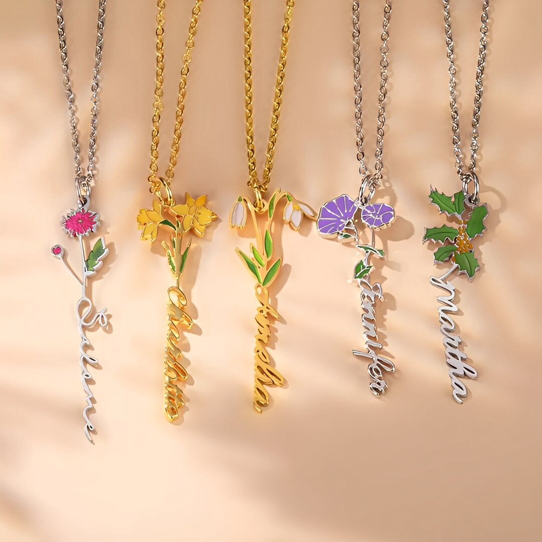 Personalized Birth Flower Name Necklace
