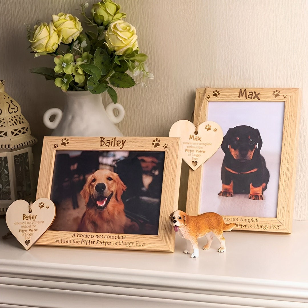 Personalized Dog Photo Frame with Wooden Heart Plaque