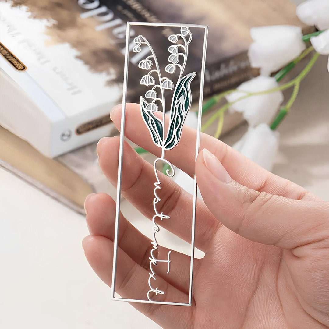 Custom Name Metal Bookmark with Birth Flower