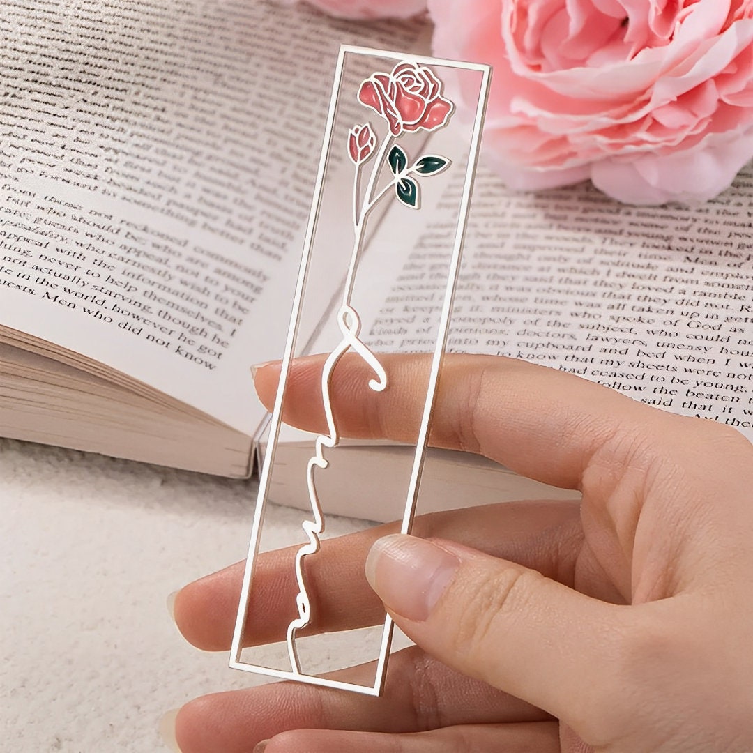 Custom Name Metal Bookmark with Birth Flower