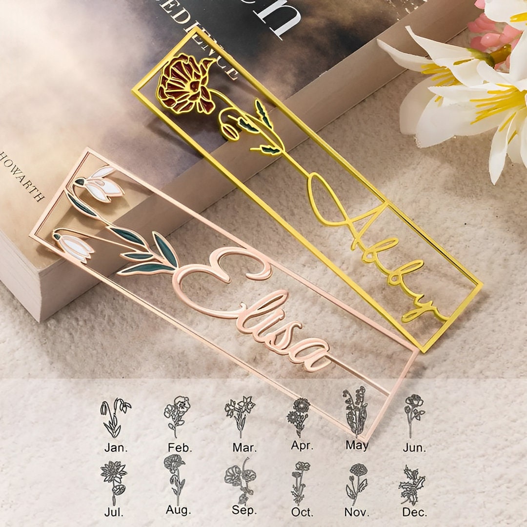 Custom Name Metal Bookmark with Birth Flower