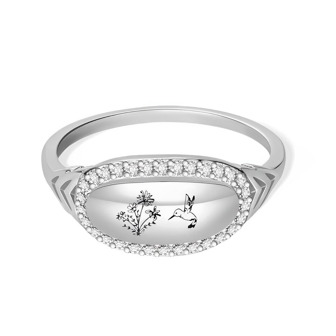 Custom Birthflower + Hummingbird Vintage Style Ring