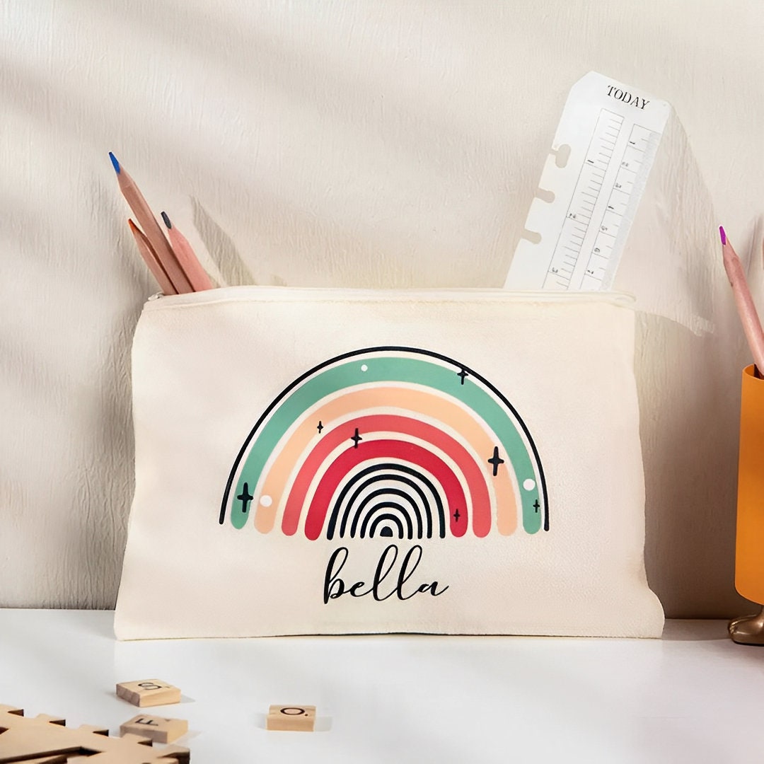 Rainbow Canvas Pencil Case with Custom Name
