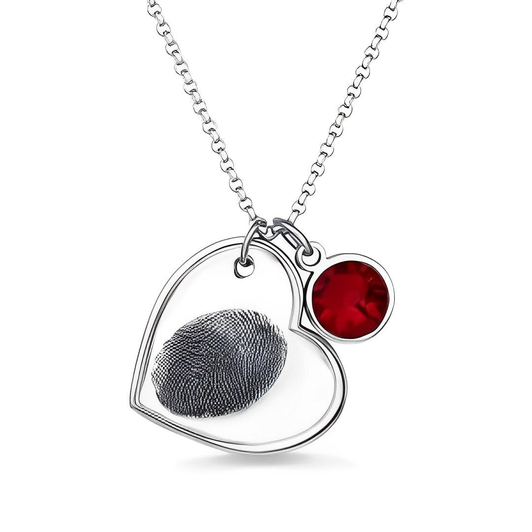 Personalized Fingerprint Heart Necklace with Birthstone