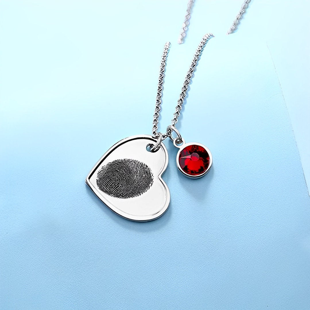 Personalized Fingerprint Heart Necklace with Birthstone