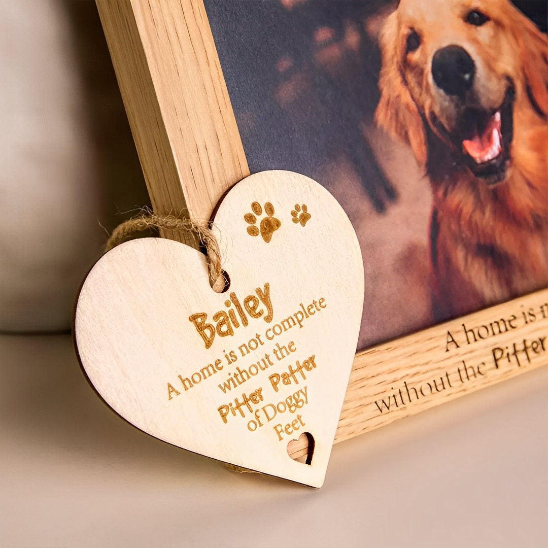 Personalized Dog Photo Frame with Wooden Heart Plaque