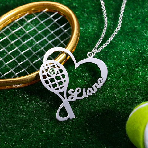 Tennis Racket Heart Necklace with Custom Birthstone and Name