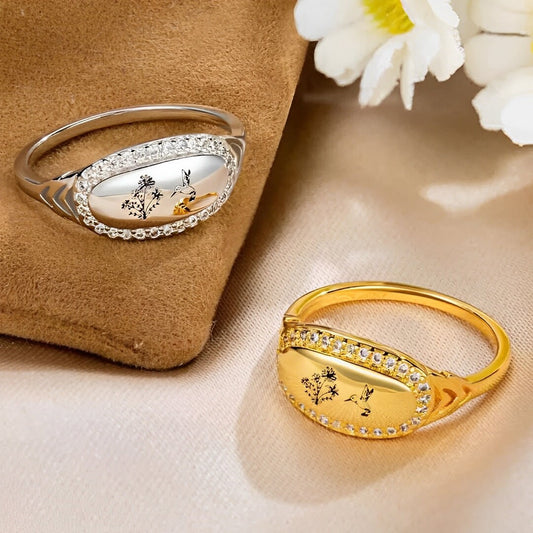 Custom Birthflower + Hummingbird Vintage Style Ring