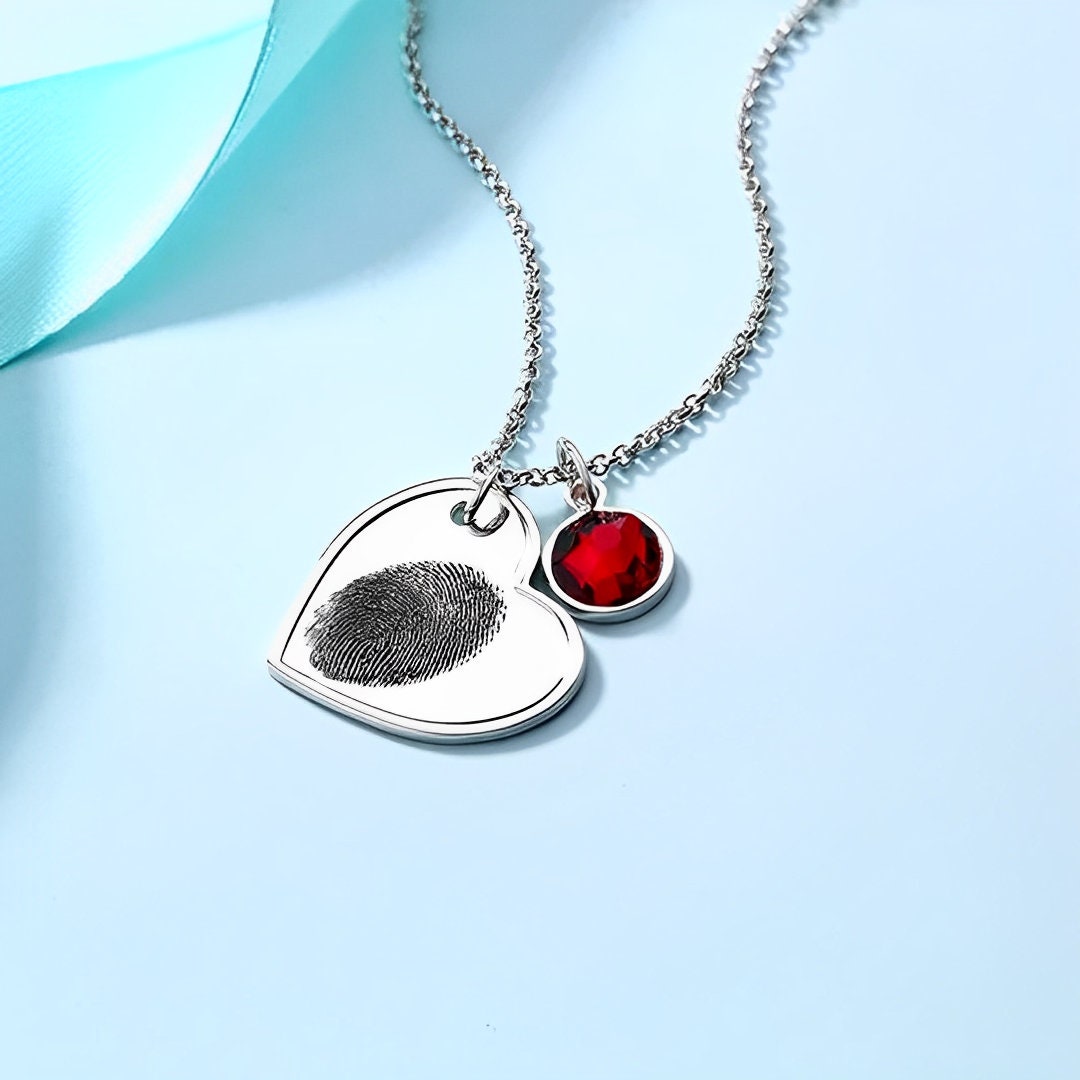 Personalized Fingerprint Heart Necklace with Birthstone