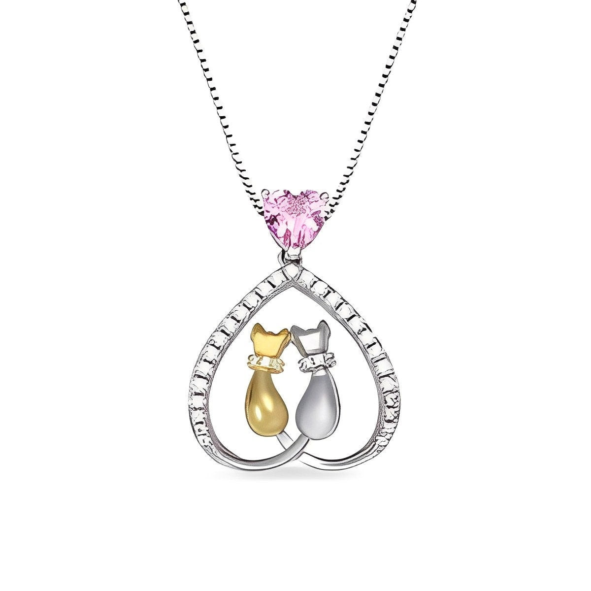 Heart Shaped Necklace with 2 Cats and Birthstone, in 925 Sterling Silver