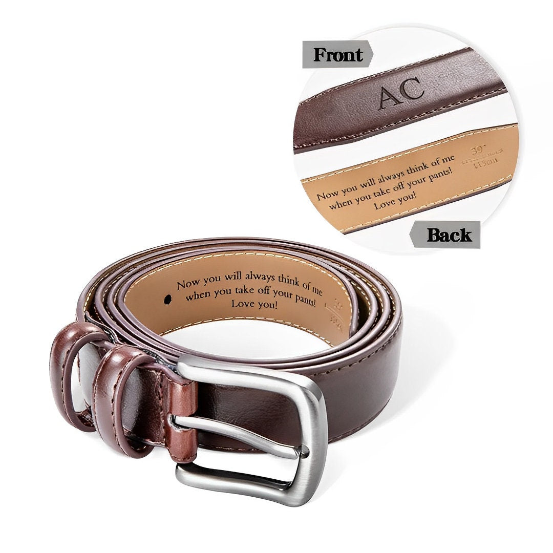 Personalized Engraved Leather Belt for Men with Custom Message & Initials