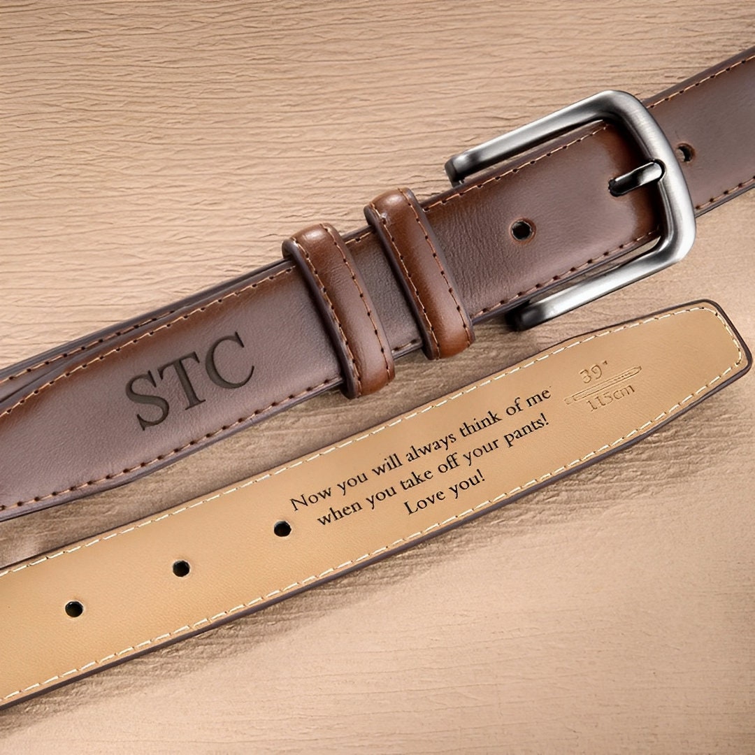 Personalized Engraved Leather Belt for Men with Custom Message & Initials
