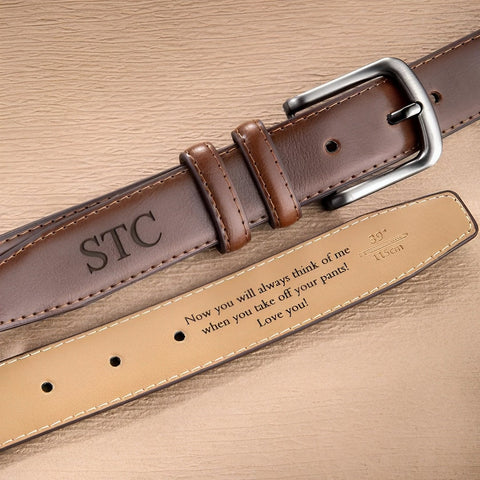 Personalized Engraved Leather Belt for Men with Custom Message & Initials