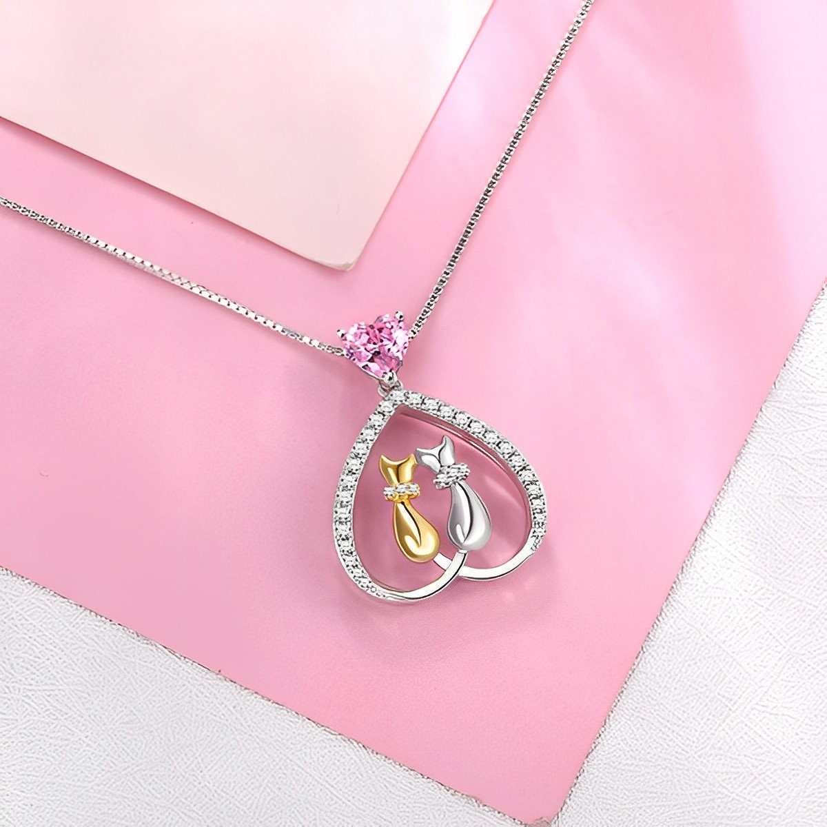 Heart Shaped Necklace with 2 Cats and Birthstone, in 925 Sterling Silver