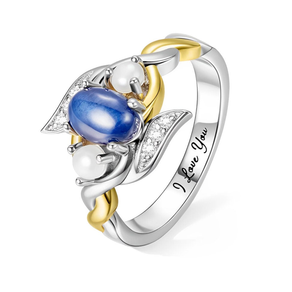 Royal Blue Stone and Pearl Ring with Custom Engraving, Book Inspired Ring