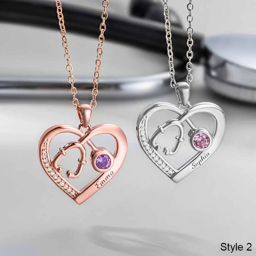 Stethoscope Name Necklace with Birthstone