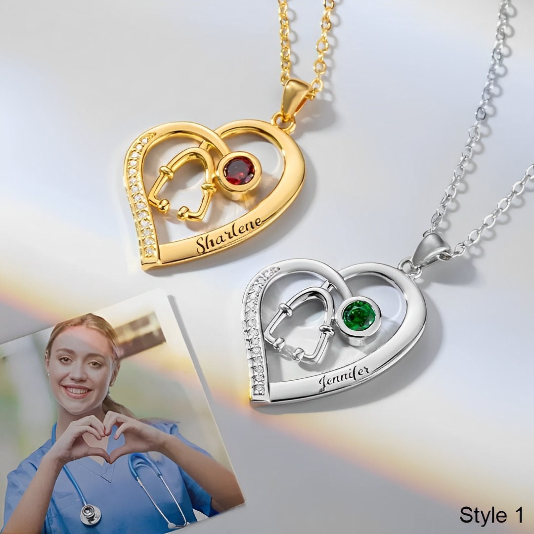 Stethoscope Name Necklace with Birthstone