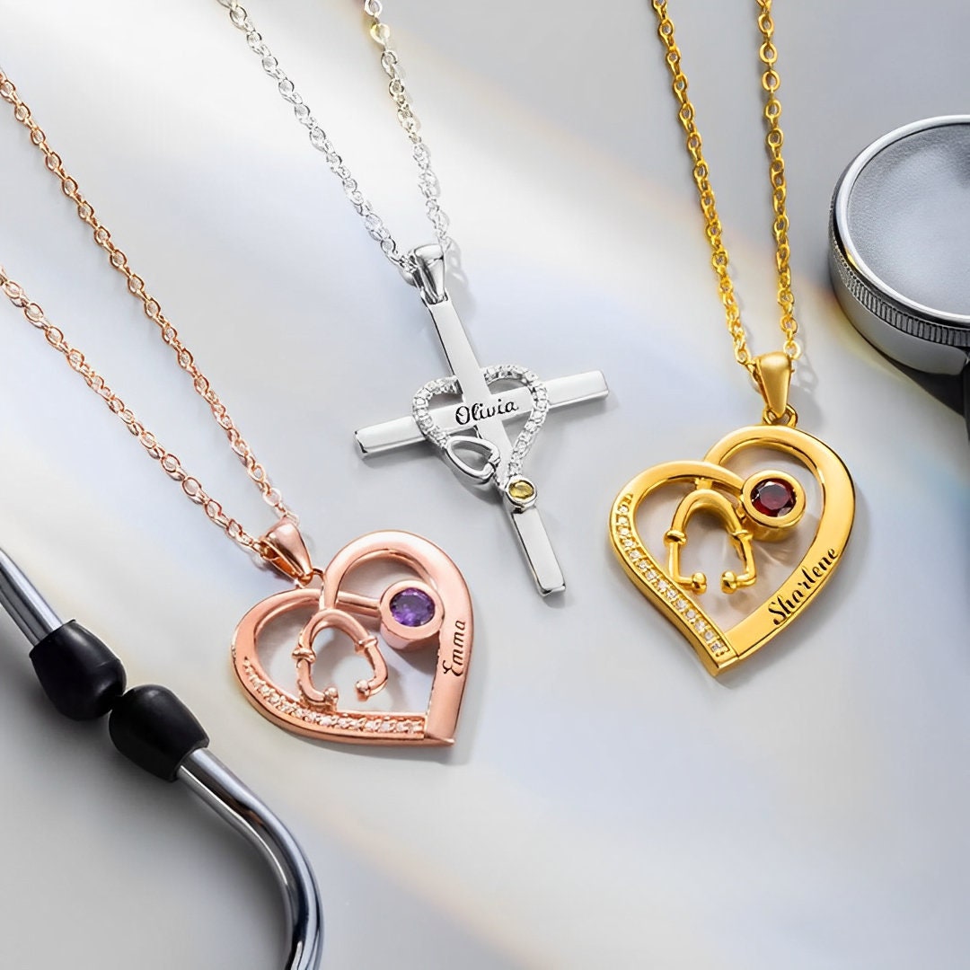 Stethoscope Name Necklace with Birthstone