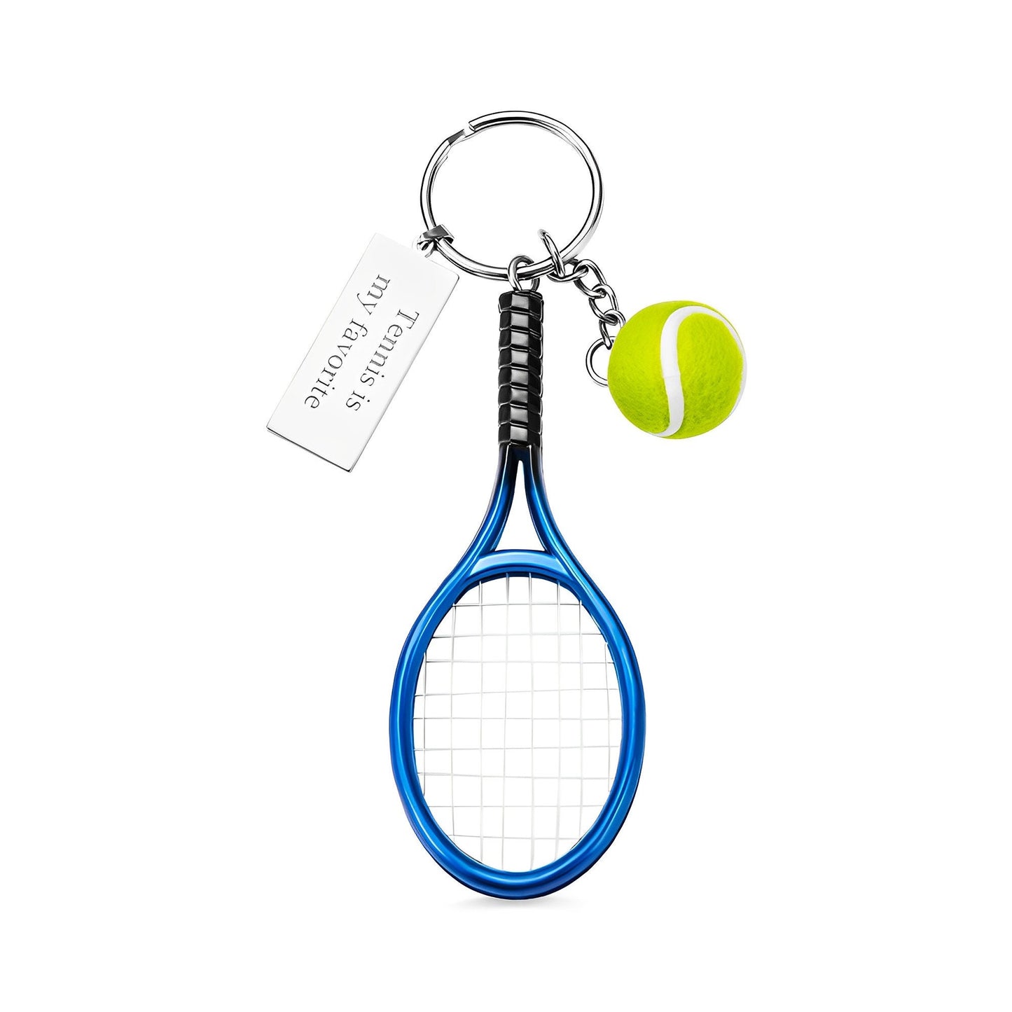 Tennis Racket Keychain with Engraved Name Tag + Mini Tennis Ball