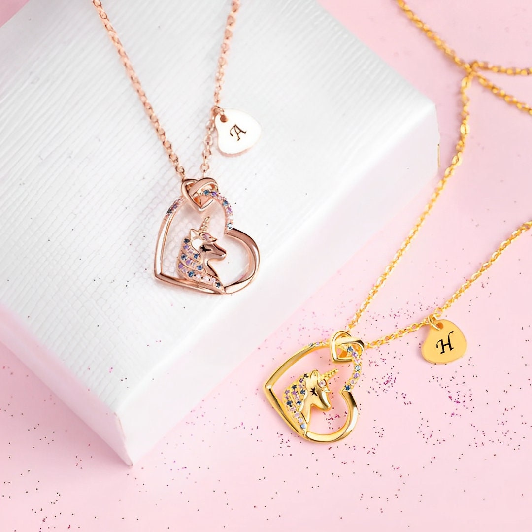 Unicorn Heart Necklace with Custom Initial