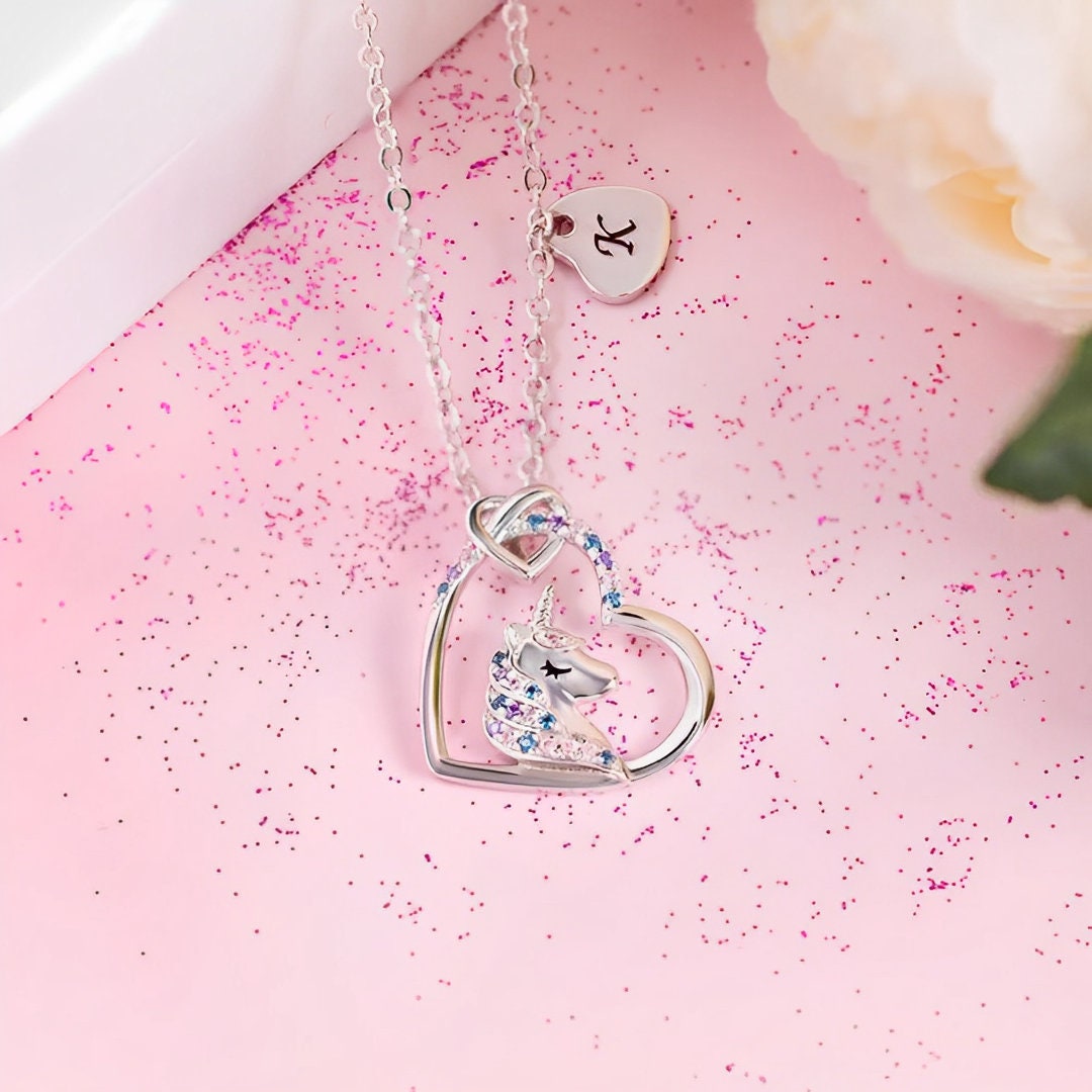 Unicorn Heart Necklace with Custom Initial