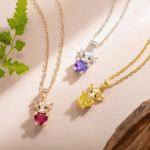Highland Cow Necklace with Custom Birthstones
