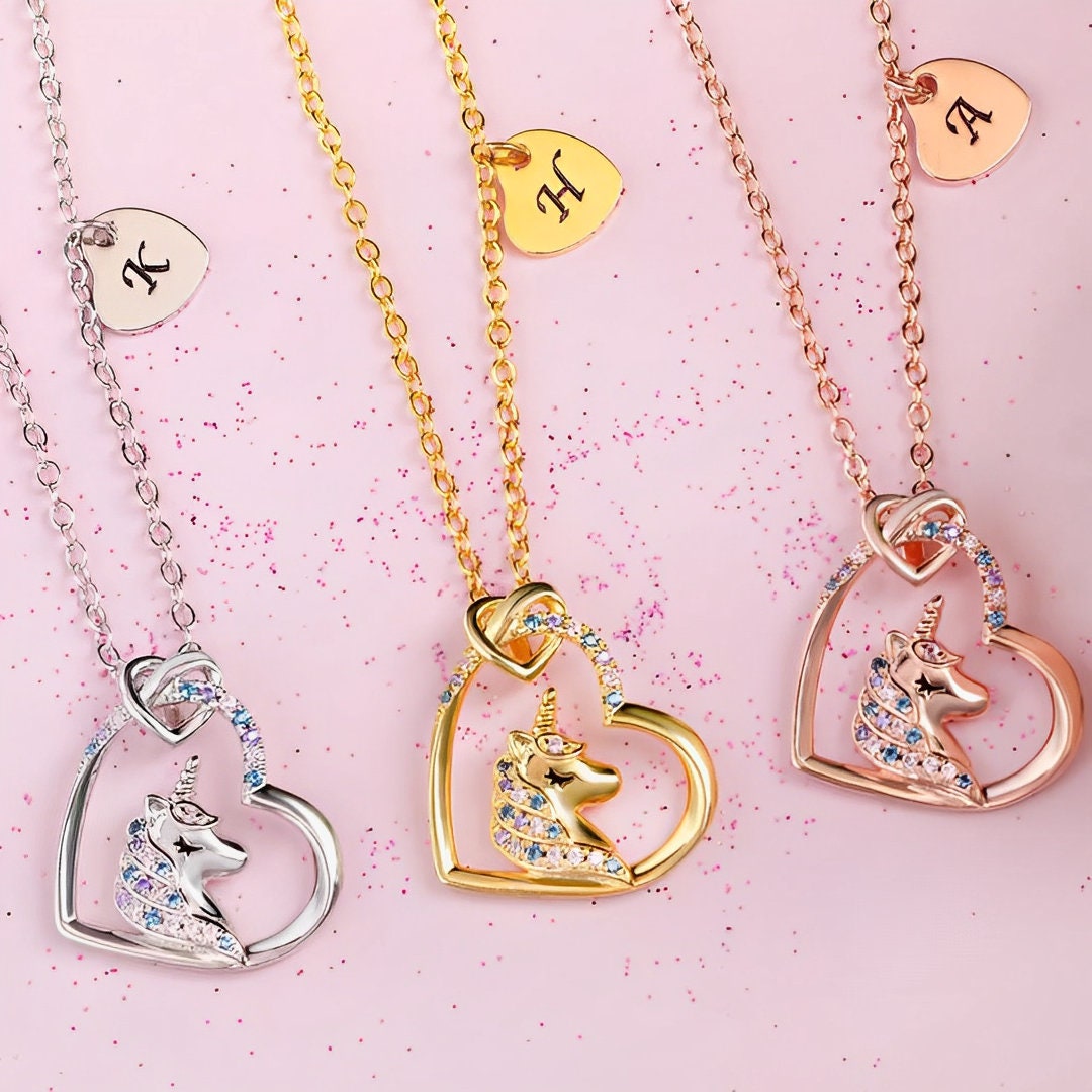 Unicorn Heart Necklace with Custom Initial