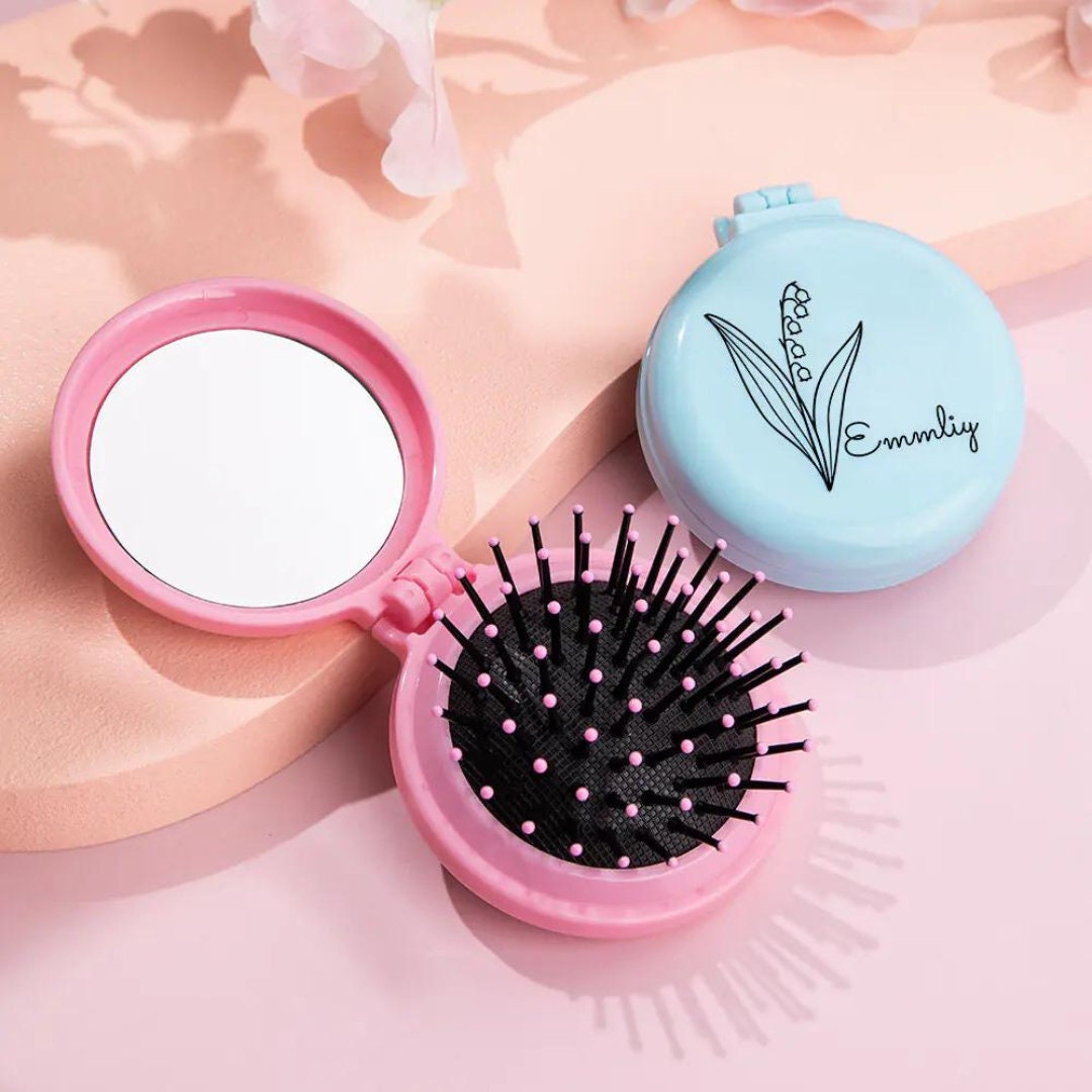 Pocket Hair Brush with Customized Birthflower + Name
