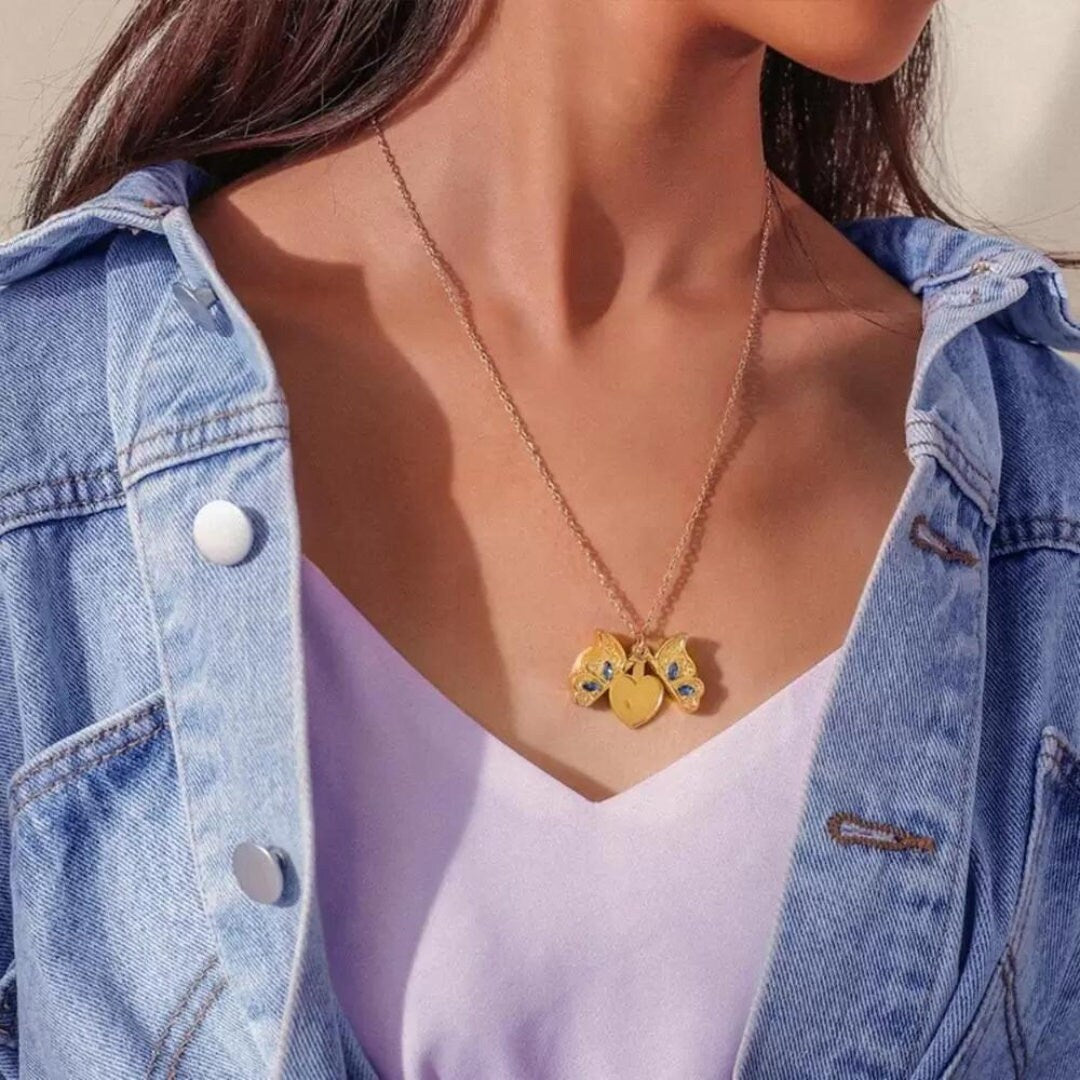 Personalized Butterfly Opening Locket Necklace with Heart