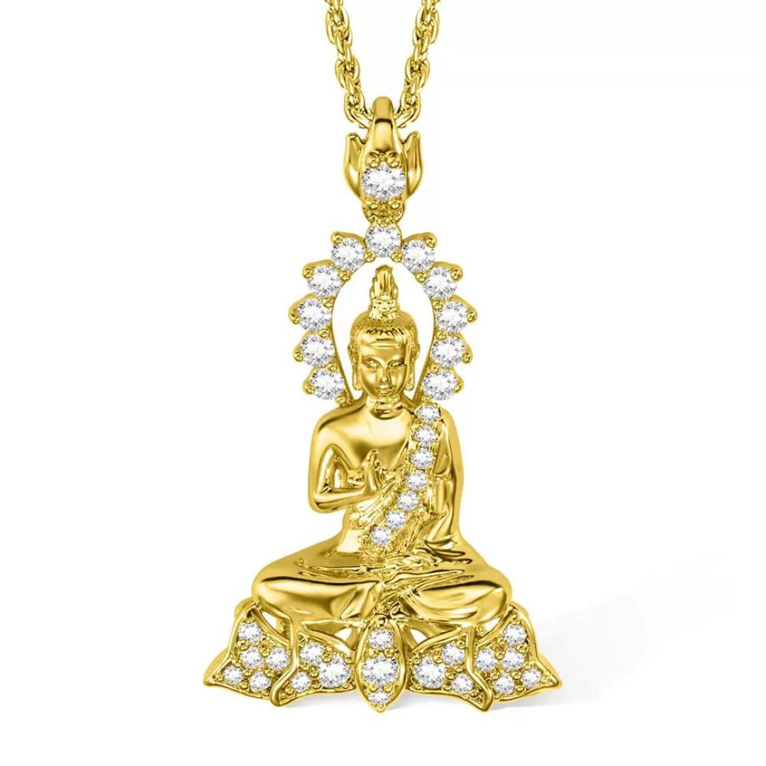 Gold Buddha Necklace with Zircon Crystal Detailing