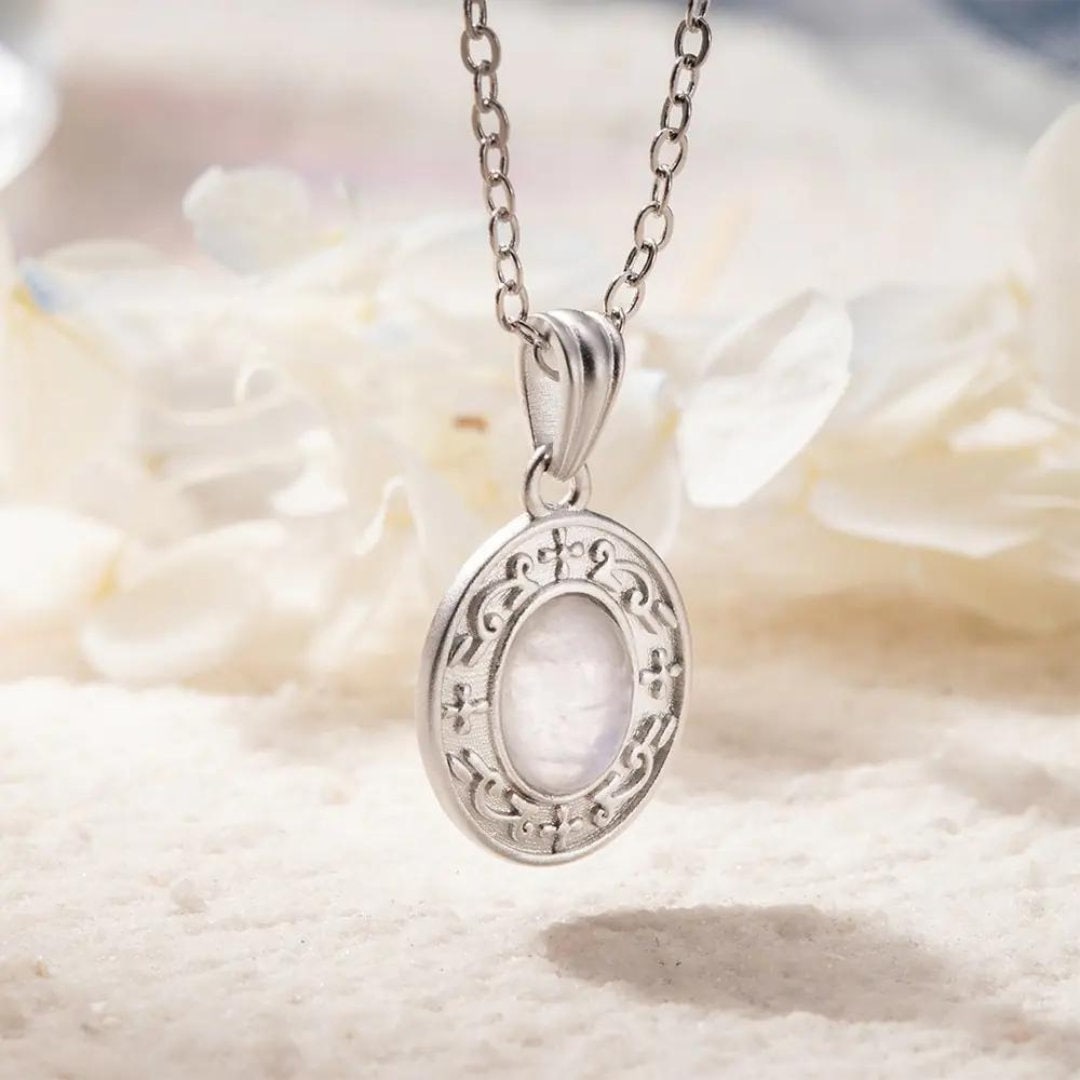 Moonstone Charm Necklace with Custom Backside Engraving