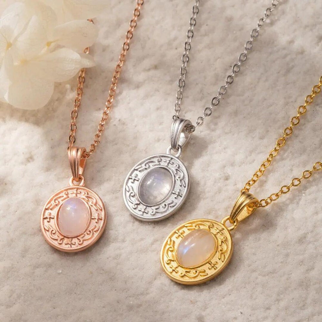 Moonstone Charm Necklace with Custom Backside Engraving