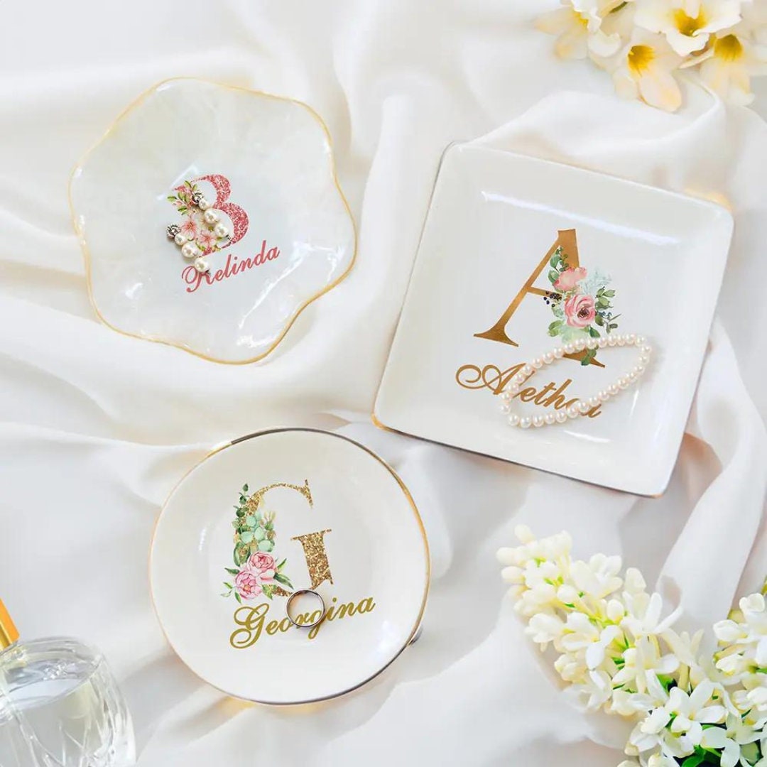 Ceramic Jewelry Dish with Custom Name & Initial
