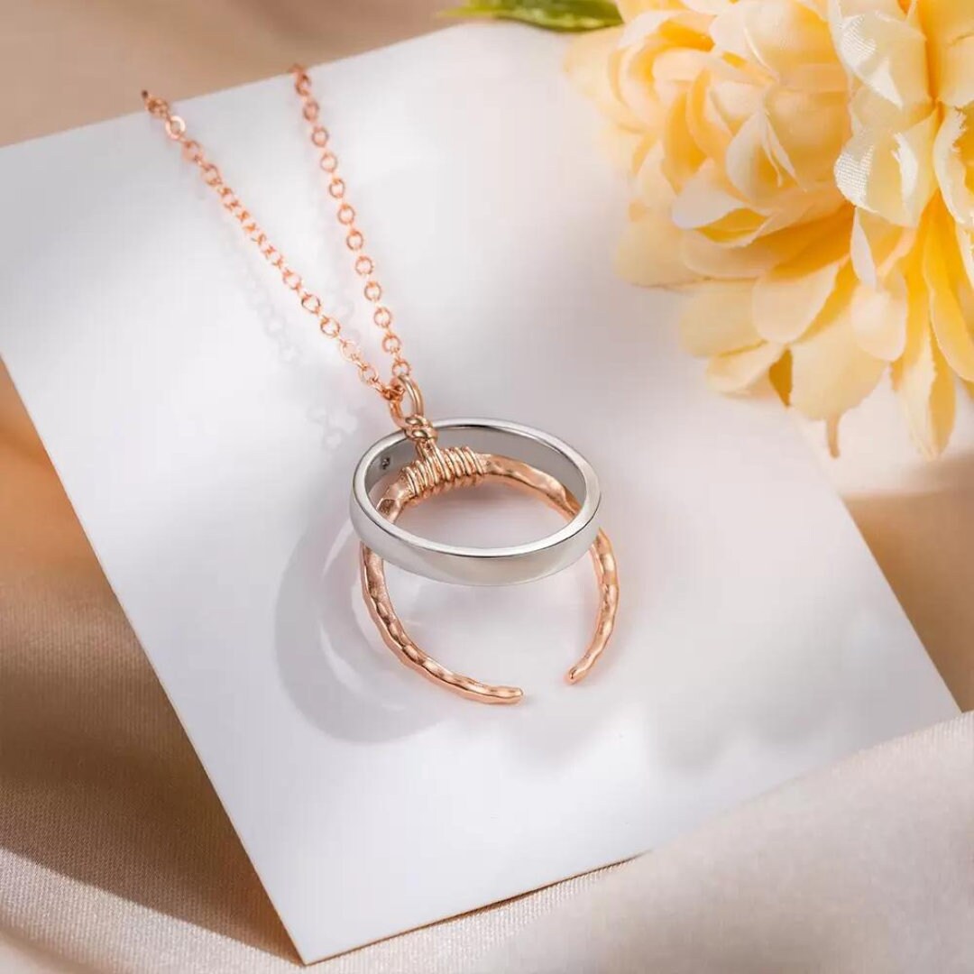 Hammered Wedding Ring Holder Necklace, New Moon and Classic Style