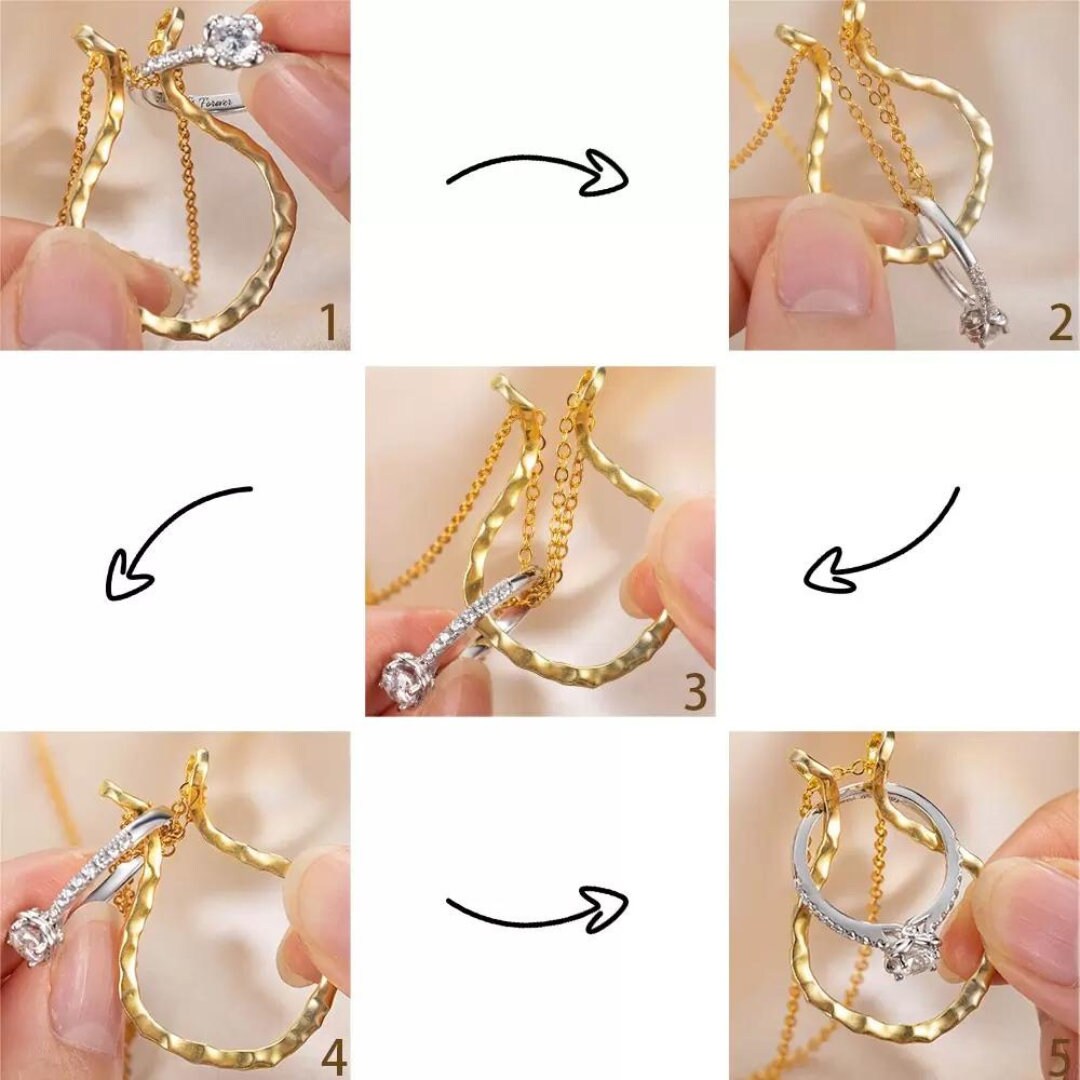 Hammered Wedding Ring Holder Necklace, New Moon and Classic Style