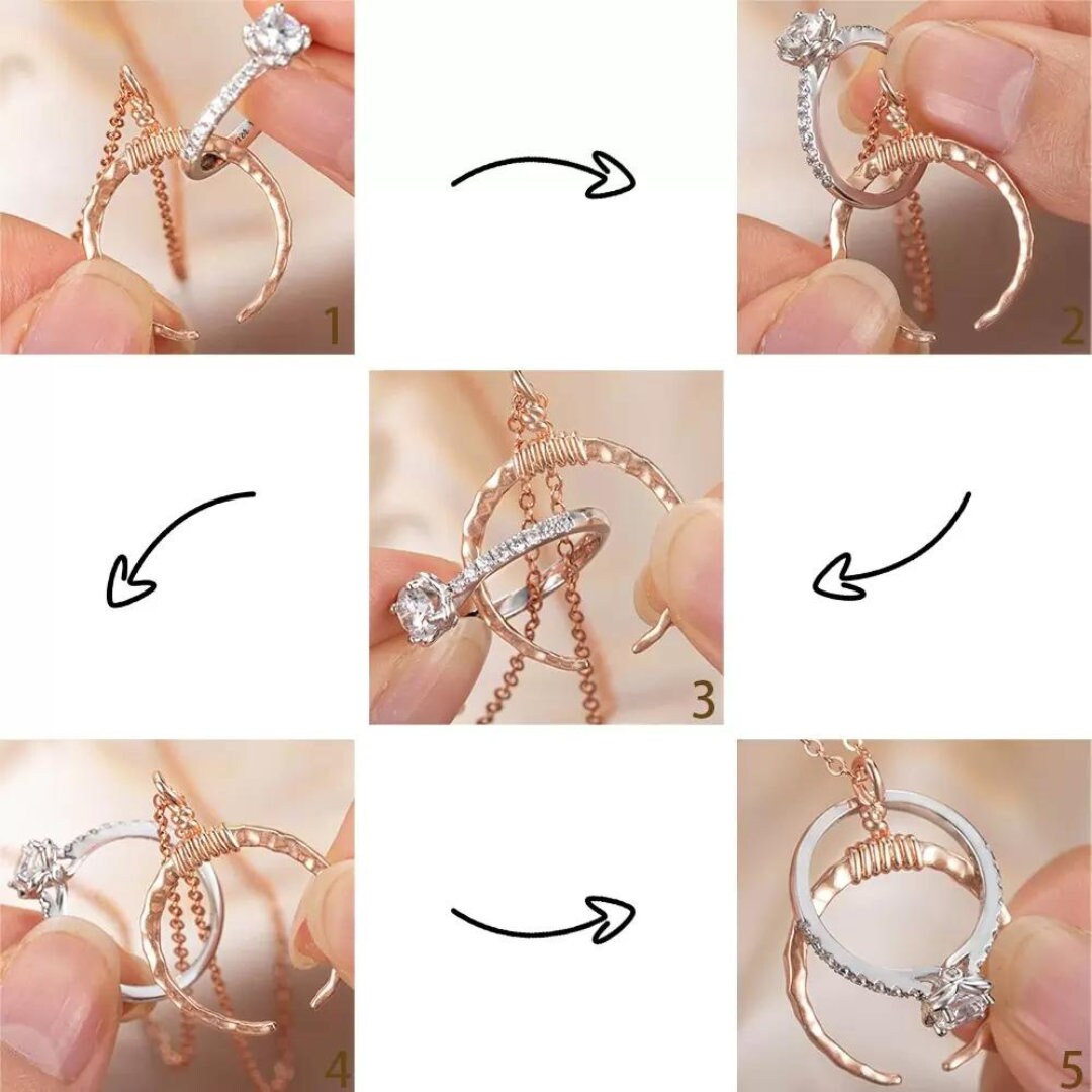 Hammered Wedding Ring Holder Necklace, New Moon and Classic Style