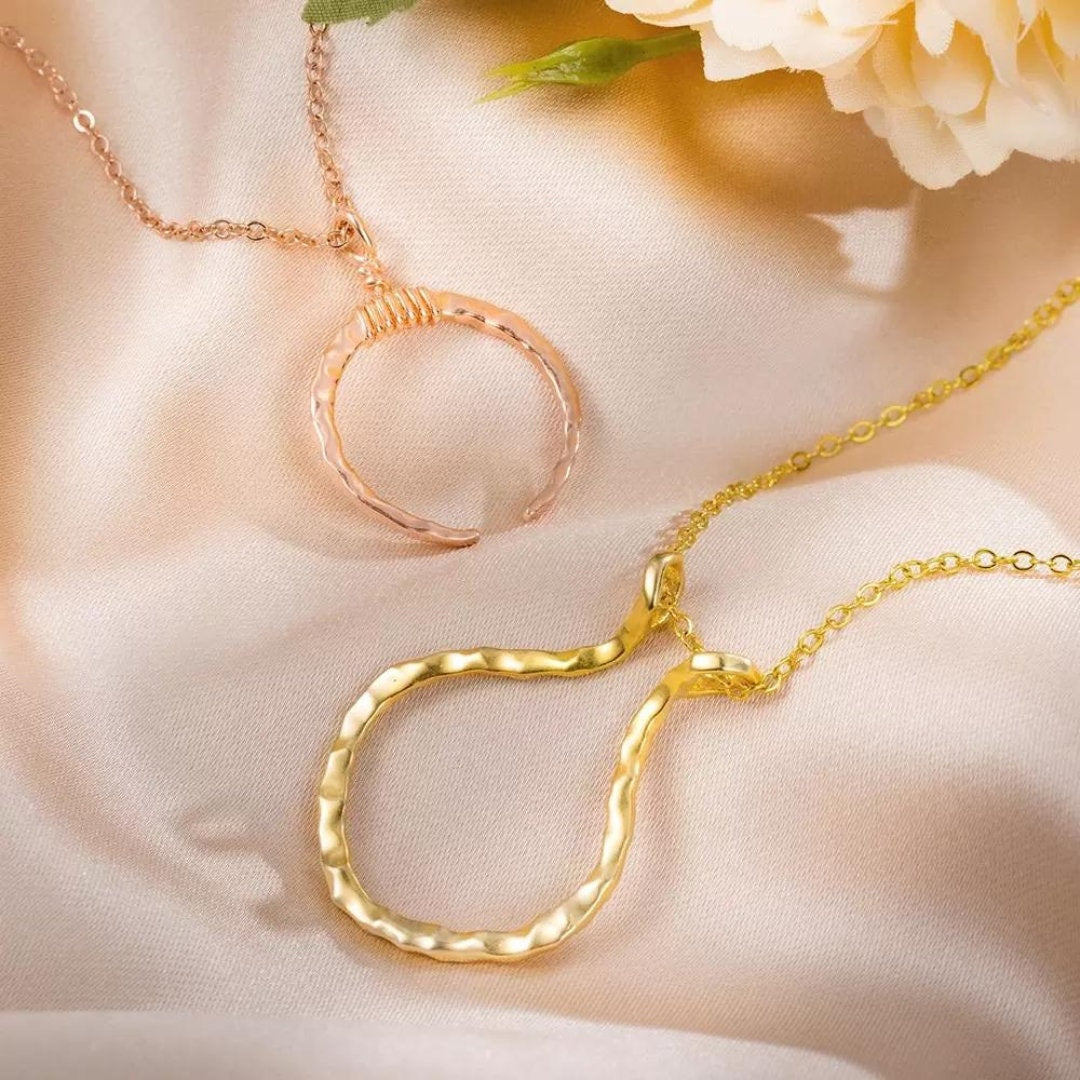 Hammered Wedding Ring Holder Necklace, New Moon and Classic Style