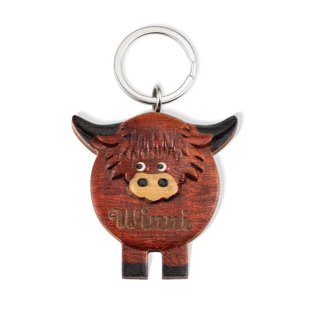 Wooden Highland Cow Keyring with Name Engraving