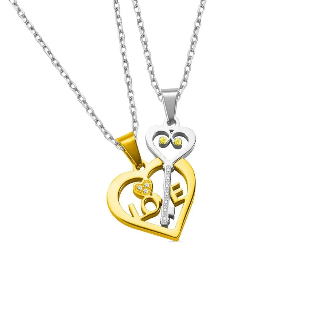 Heart and Key Matching Necklaces with Custom Birthstones