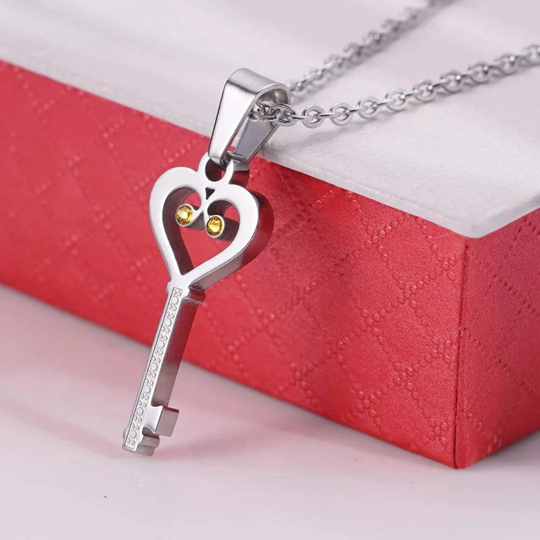 Heart and Key Matching Necklaces with Custom Birthstones