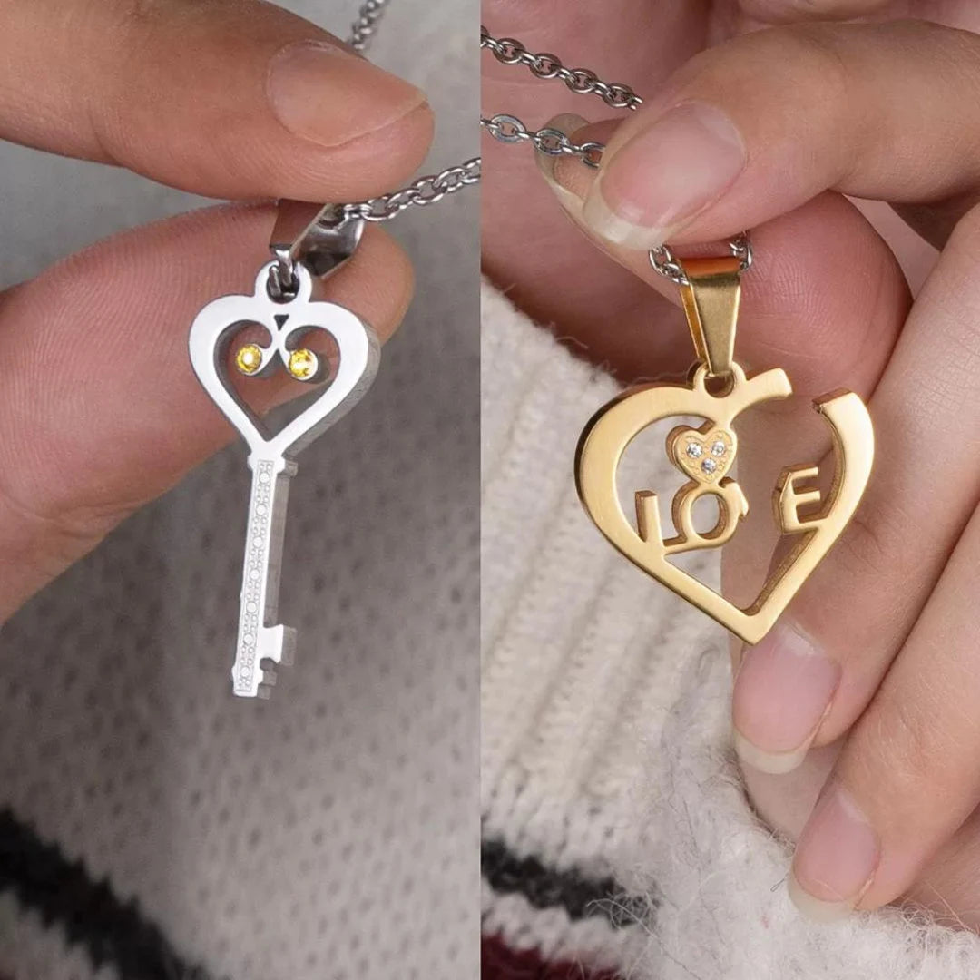 Heart and Key Matching Necklaces with Custom Birthstones